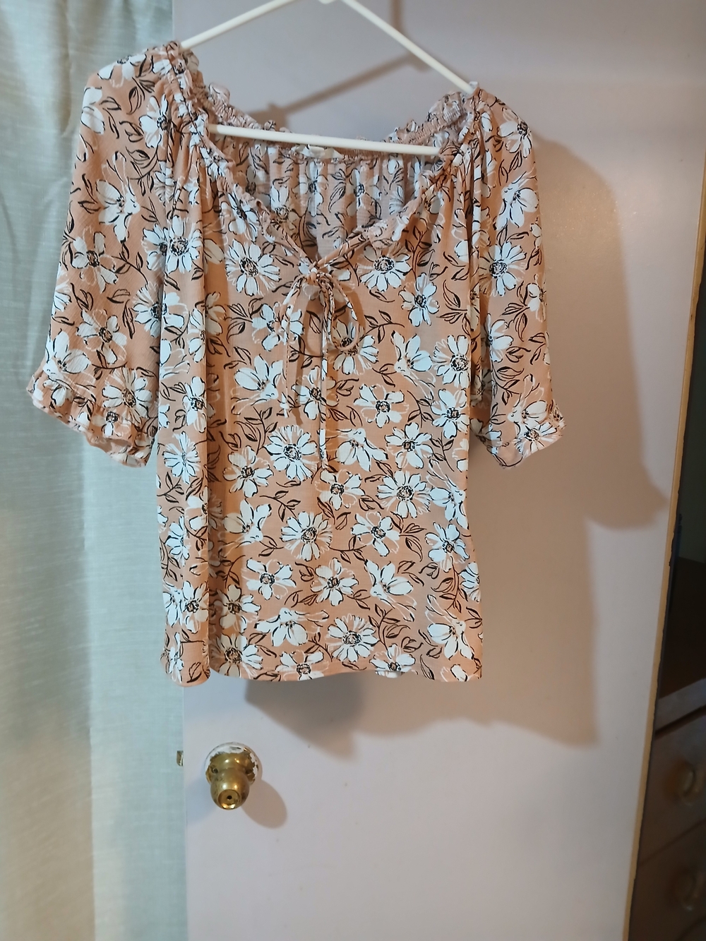 Floral Tie-Neck Blouse in Peach with White Print